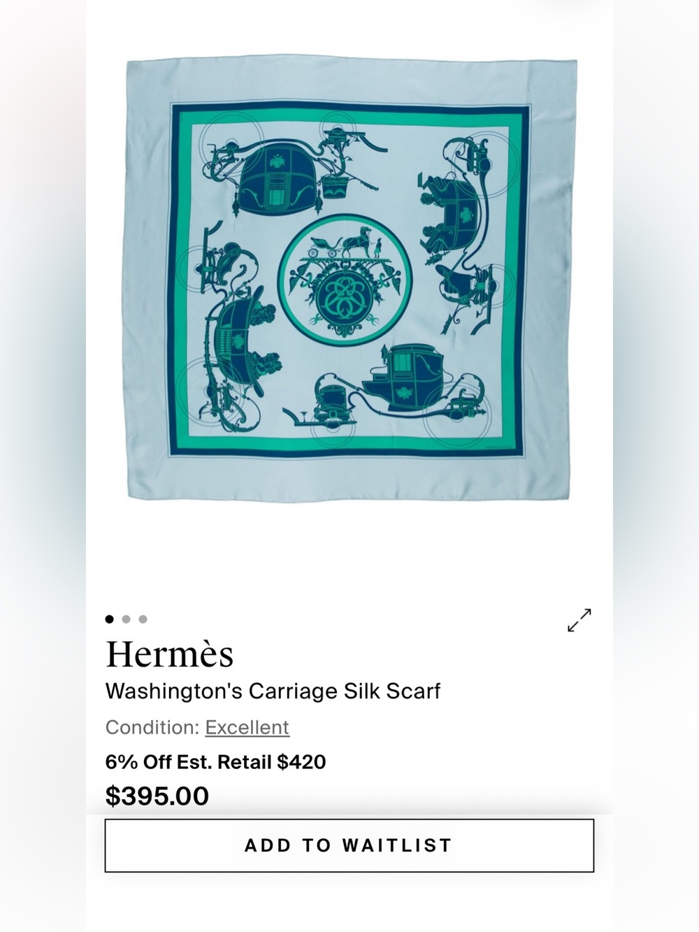 Hermes Washington's Carriage Silk Scarf in Light Blue and Teal